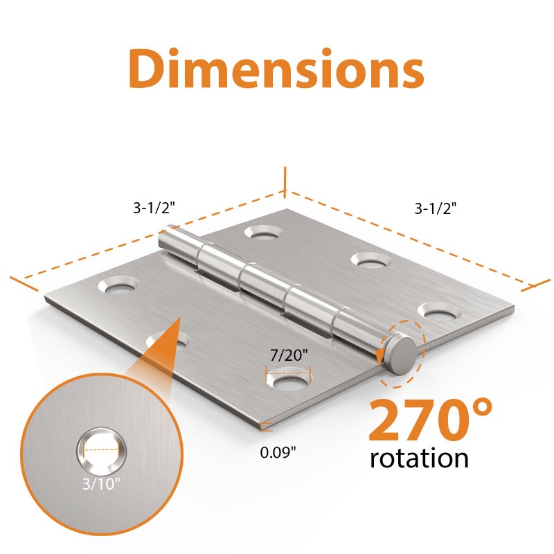 AmzGod Door Hinges Brushed Nickel - 6 Pack Nickel 3.5 Inch Interior Satin Nickel Door Hinges with Square Corner - 3 1/2 Inch Silver Hardware Door Hinge for Residential Standard Door - Image 4